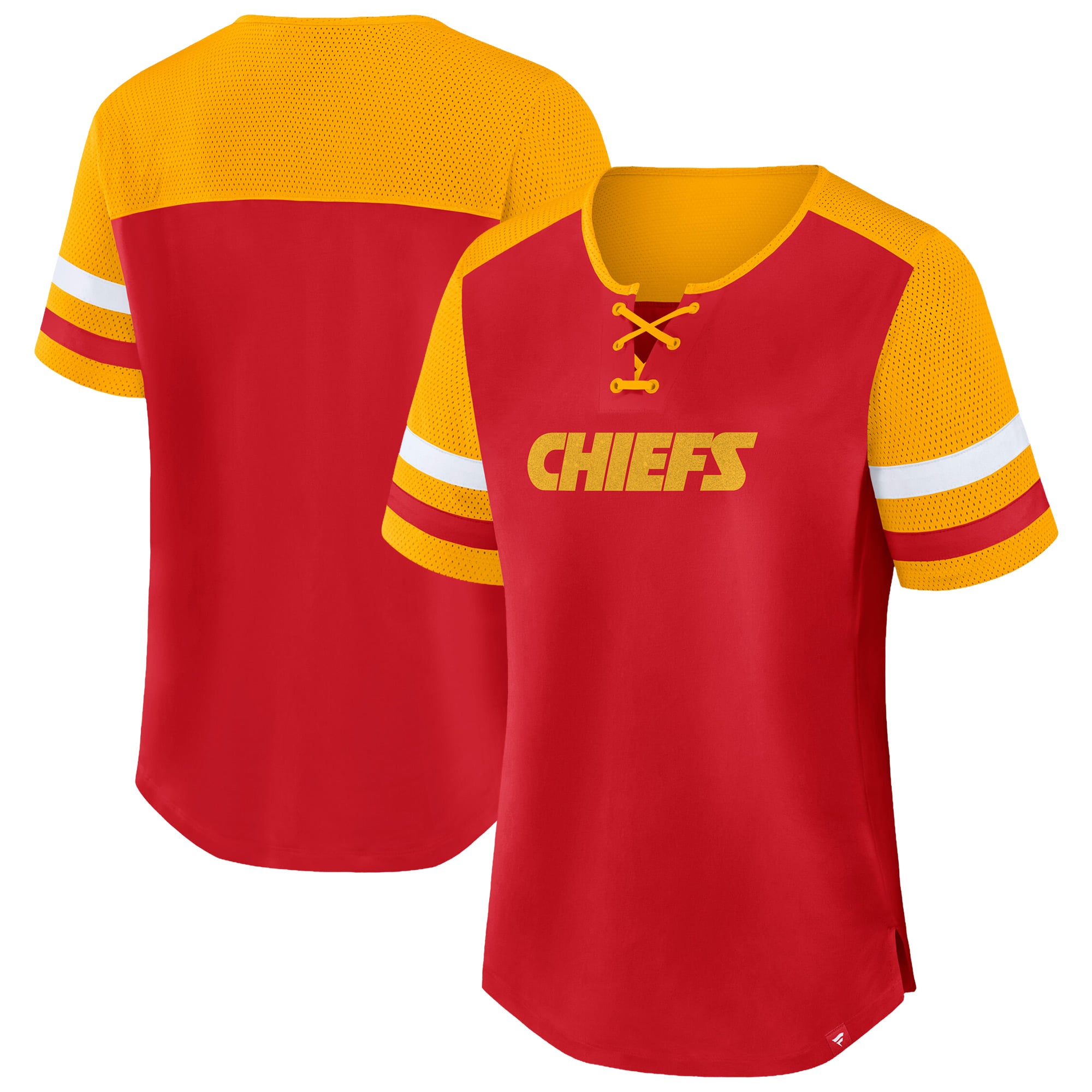 Women's Fanatics Red/Gold Kansas City Chiefs Plus Size Throwback Curl Route Lace-Up T-Shirt